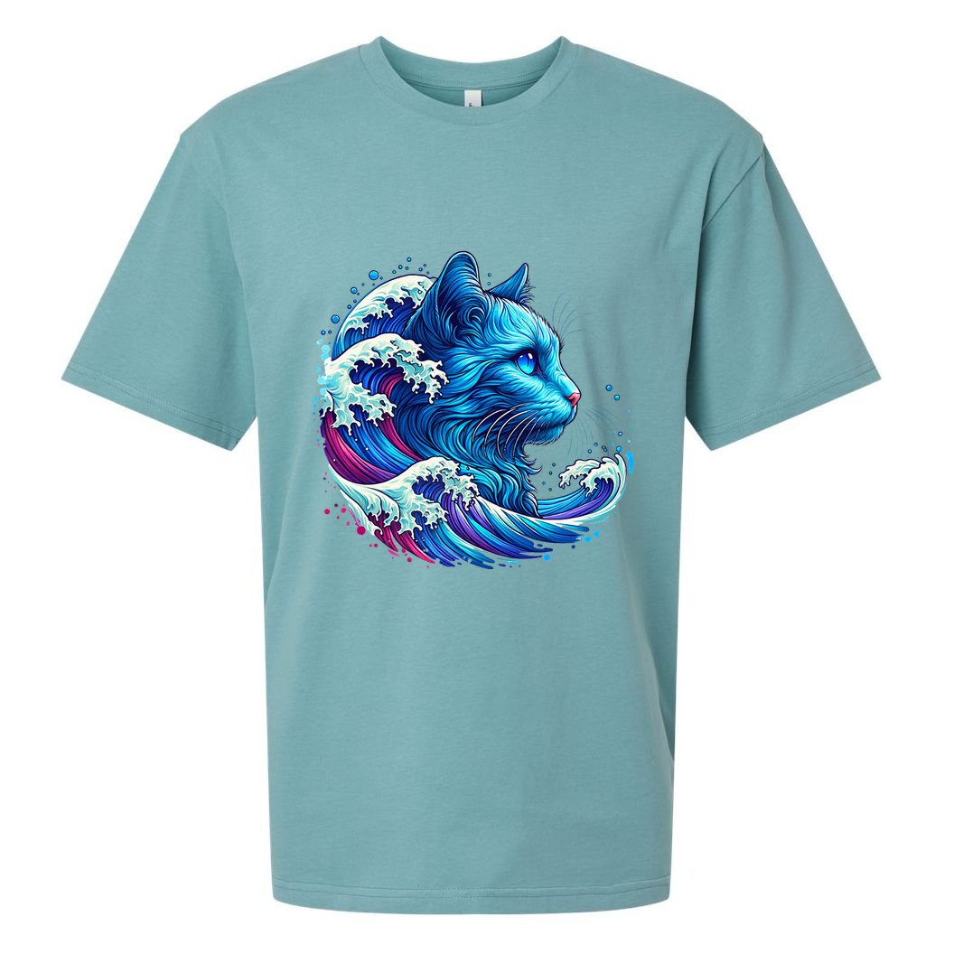 Blue Cat Wave Illustrations Sueded Cloud Jersey T-Shirt