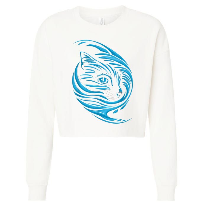 Blue Cat Wave Cropped Pullover Crew