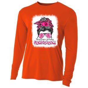 Breast Cancer Warriors Messy Bun Pink Ribbon Unbreakable Funny Gift Cooling Performance Long Sleeve Crew