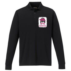 Breast Cancer Warriors Messy Bun Pink Ribbon Unbreakable Funny Gift Performance Long Sleeve Polo