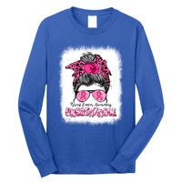 Breast Cancer Warriors Messy Bun Pink Ribbon Unbreakable Funny Gift Long Sleeve Shirt