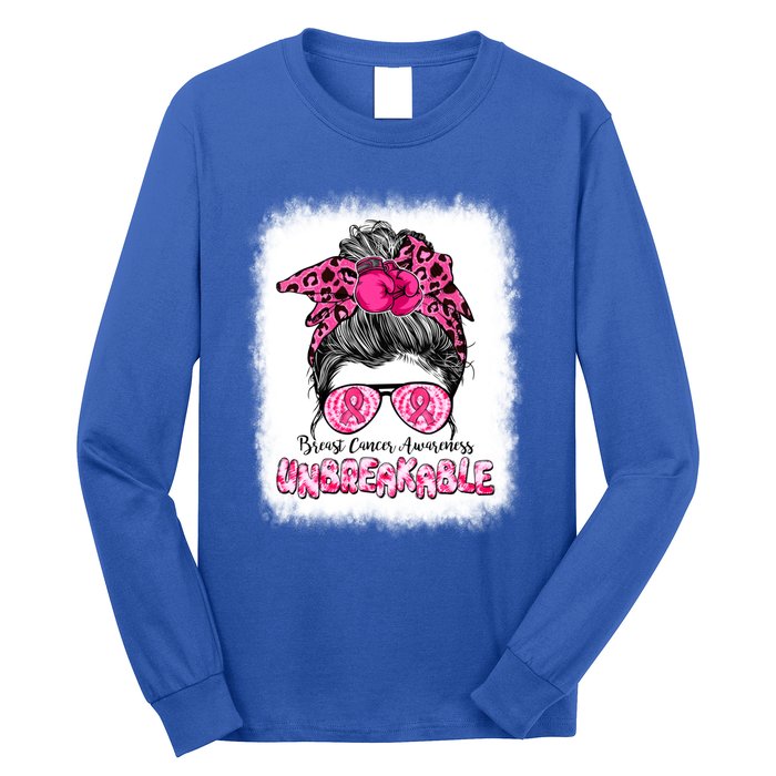 Breast Cancer Warriors Messy Bun Pink Ribbon Unbreakable Funny Gift Long Sleeve Shirt