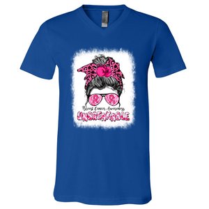 Breast Cancer Warriors Messy Bun Pink Ribbon Unbreakable Funny Gift V-Neck T-Shirt