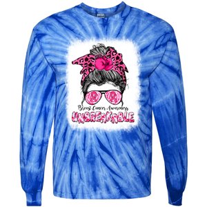 Breast Cancer Warriors Messy Bun Pink Ribbon Unbreakable Funny Gift Tie-Dye Long Sleeve Shirt