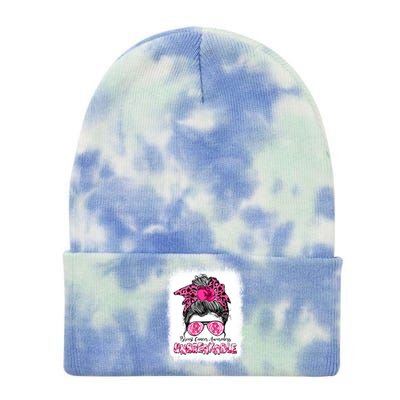 Breast Cancer Warriors Messy Bun Pink Ribbon Unbreakable Funny Gift Tie Dye 12in Knit Beanie