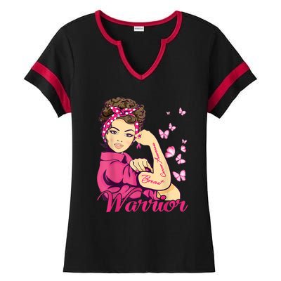 Breast Cancer Warrior Rosie Riveter Pink Ribbon Unbreakable Ladies Halftime Notch Neck Tee