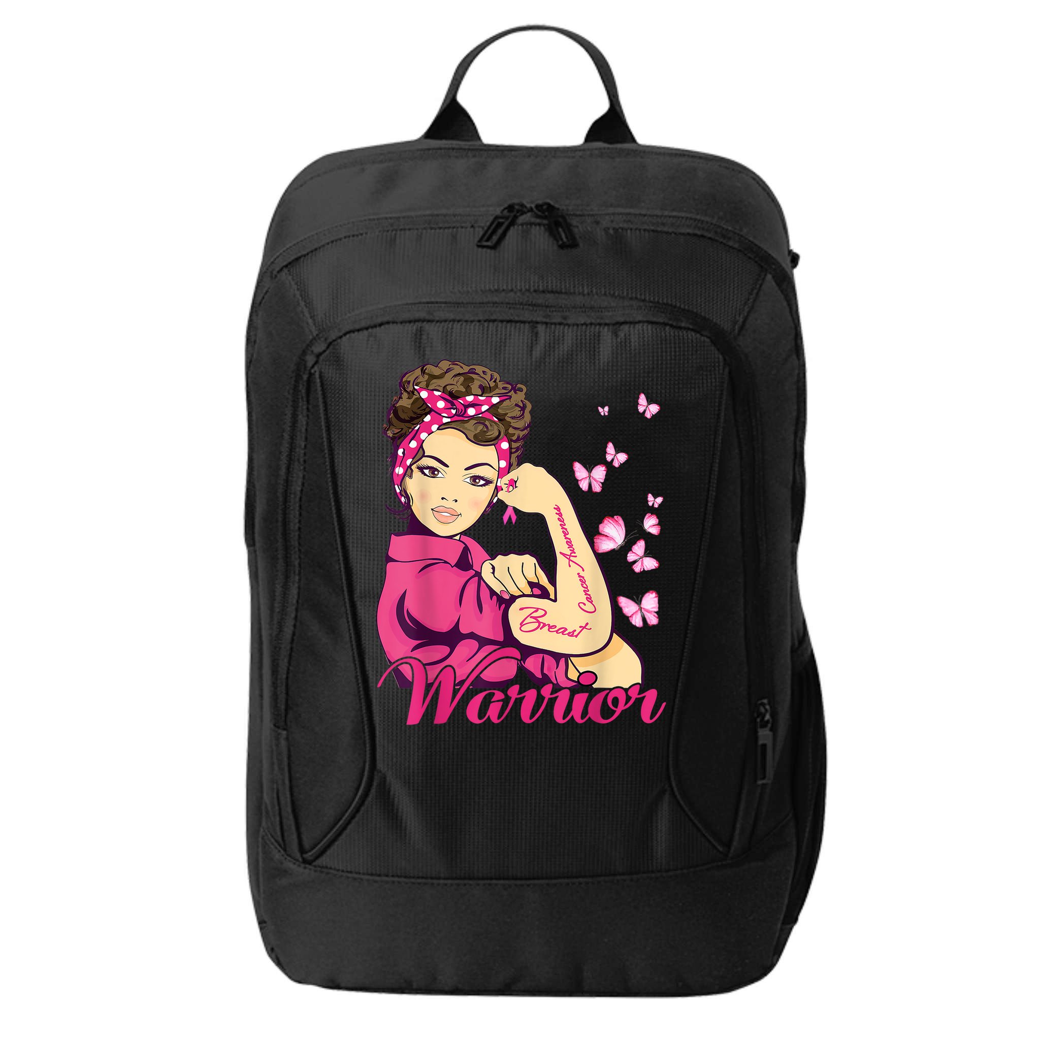 Breast Cancer Warrior Rosie Riveter Pink Ribbon Unbreakable City Backpack