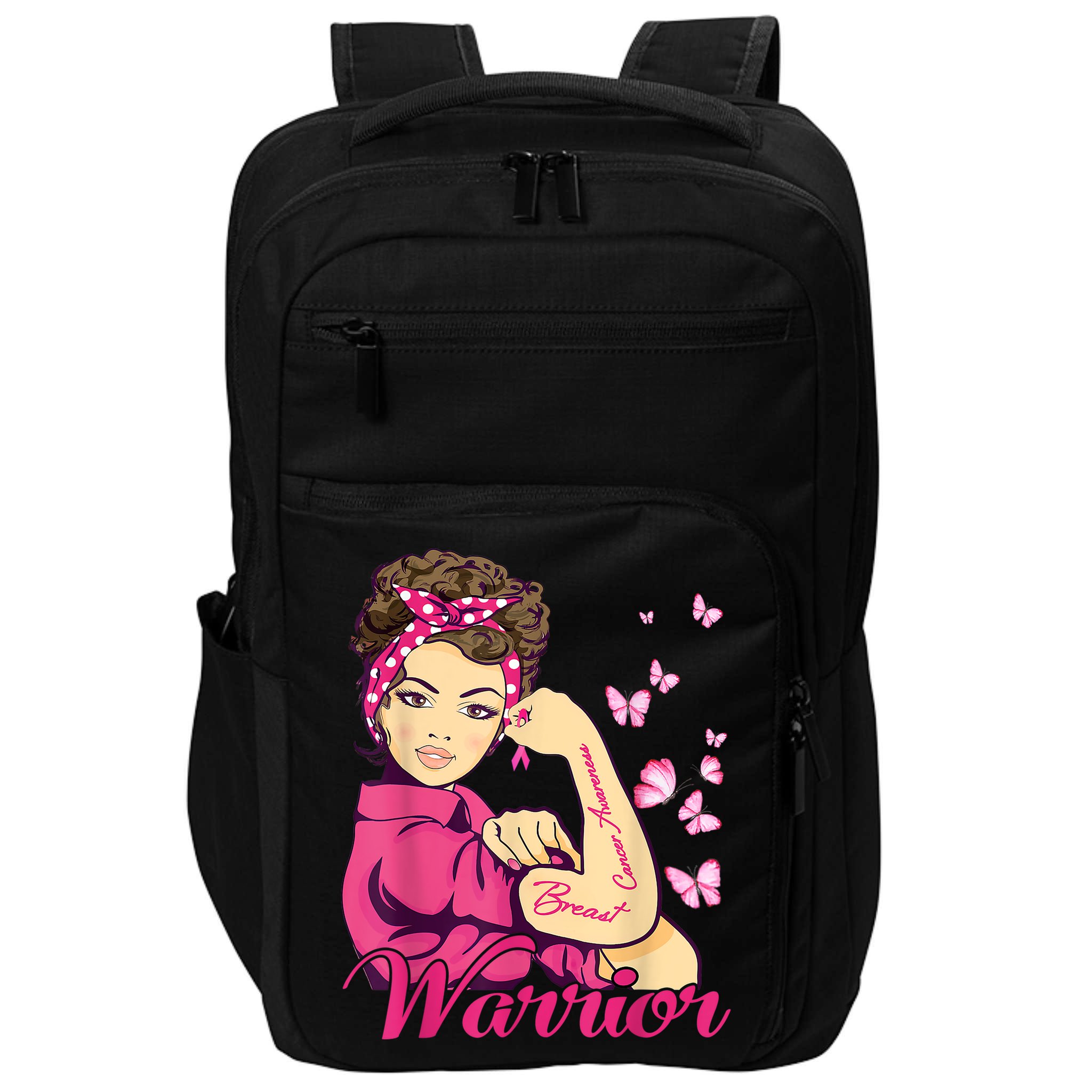 Breast Cancer Warrior Rosie Riveter Pink Ribbon Unbreakable Impact Tech Backpack