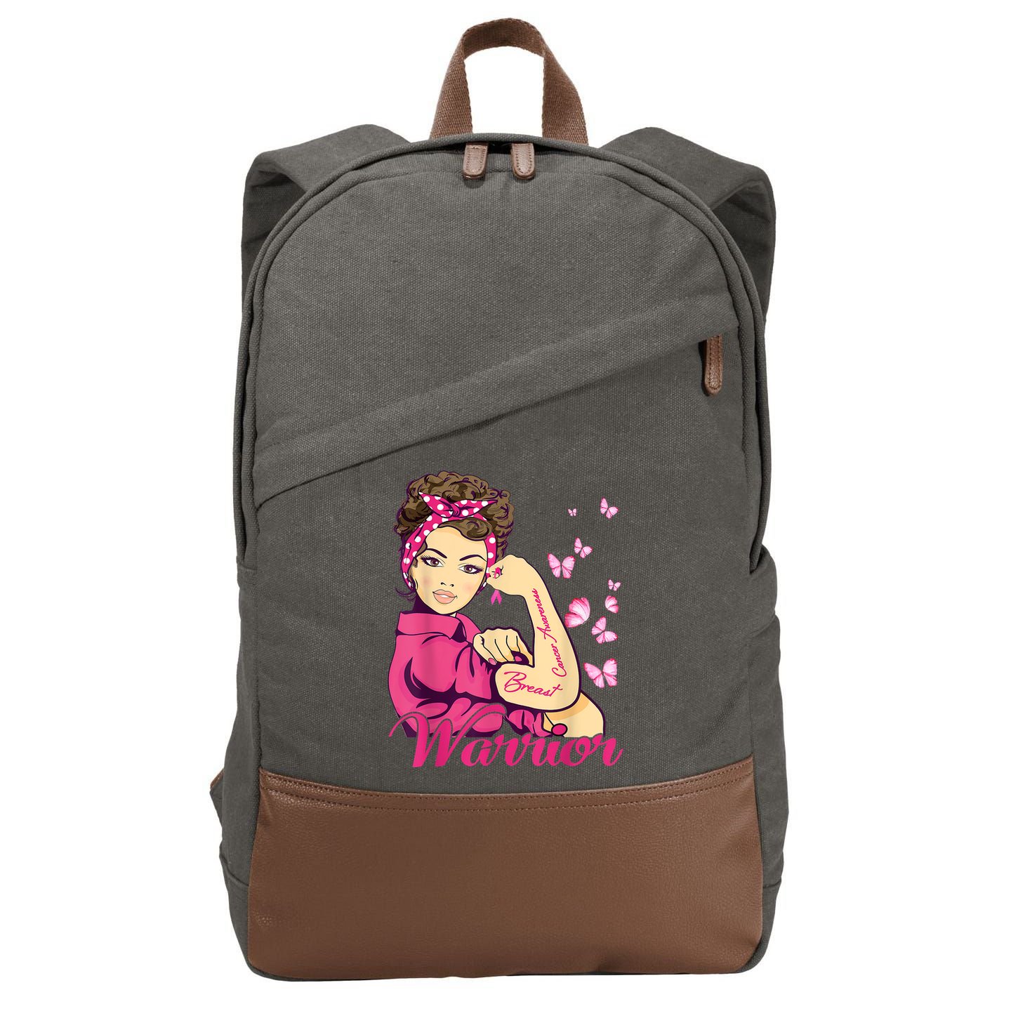 Breast Cancer Warrior Rosie Riveter Pink Ribbon Unbreakable Cotton Canvas Backpack