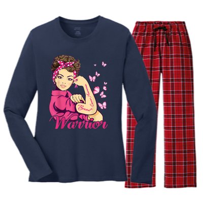 Breast Cancer Warrior Rosie Riveter Pink Ribbon Unbreakable Women's Long Sleeve Flannel Pajama Set 