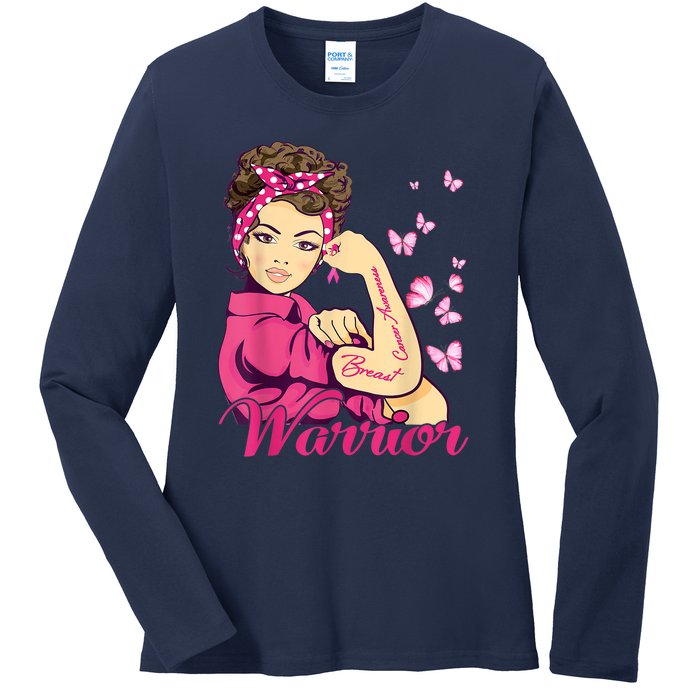 Breast Cancer Warrior Rosie Riveter Pink Ribbon Unbreakable Ladies Long Sleeve Shirt