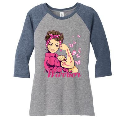 Breast Cancer Warrior Rosie Riveter Pink Ribbon Unbreakable Women's Tri-Blend 3/4-Sleeve Raglan Shirt