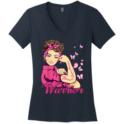 Breast Cancer Warrior Rosie Riveter Pink Ribbon Unbreakable Women's V-Neck T-Shirt