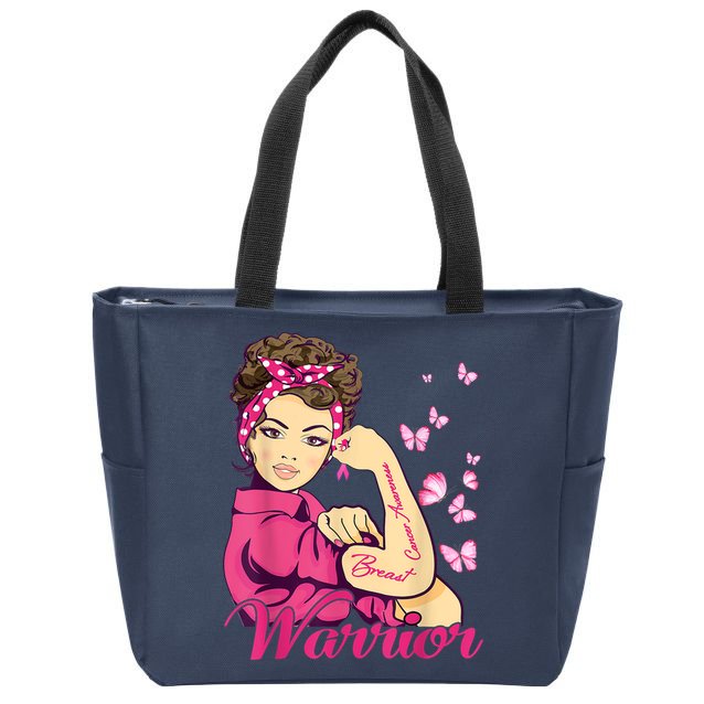 Breast Cancer Warrior Rosie Riveter Pink Ribbon Unbreakable Zip Tote Bag