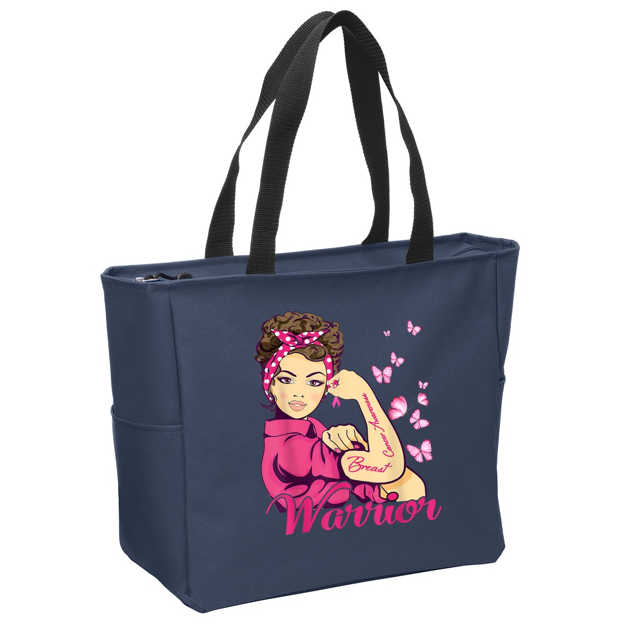 Breast Cancer Warrior Rosie Riveter Pink Ribbon Unbreakable Zip Tote Bag