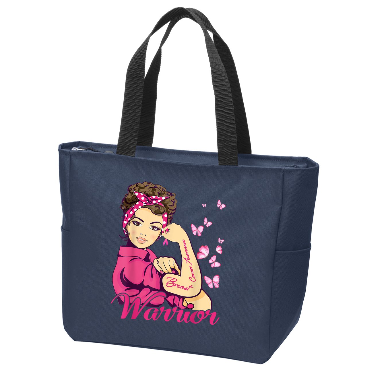 Breast Cancer Warrior Rosie Riveter Pink Ribbon Unbreakable Zip Tote Bag