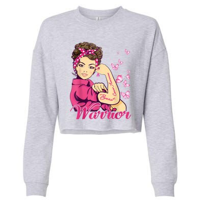 Breast Cancer Warrior Rosie Riveter Pink Ribbon Unbreakable Cropped Pullover Crew