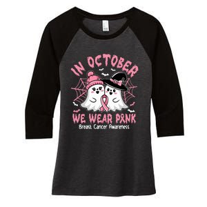 Breast Cancer Women Shirts Halloween In October We Wear Pink_ Women's Tri-Blend 3/4-Sleeve Raglan Shirt