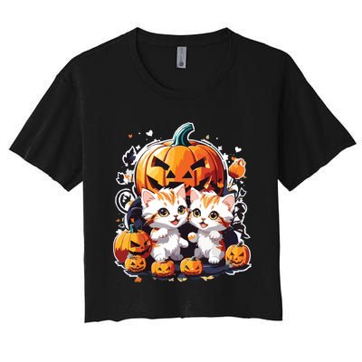 Baby Cats With Pumpkin Halloween Costume Boy Women's Crop Top Tee