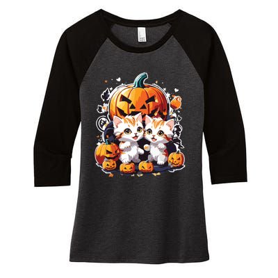 Baby Cats With Pumpkin Halloween Costume Boy Women's Tri-Blend 3/4-Sleeve Raglan Shirt