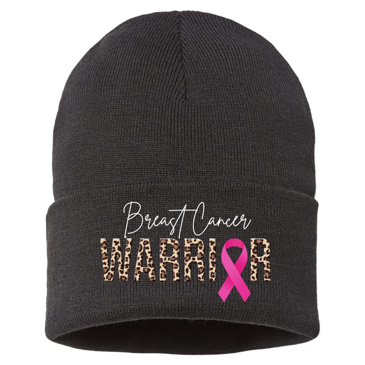 Breast Cancer Warrior Pink Ribbon Cheetah Sustainable Knit Beanie