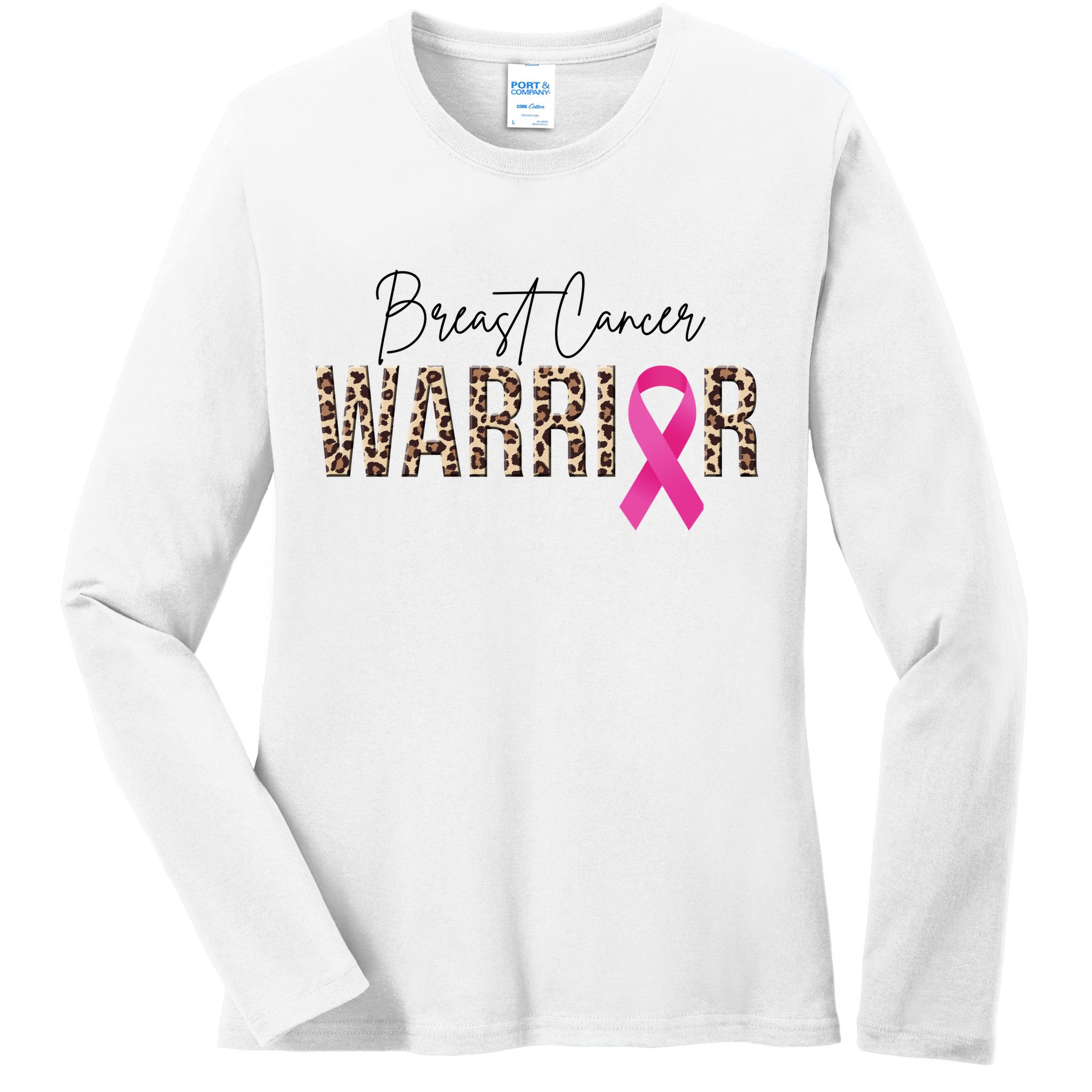 Breast Cancer Warrior Pink Ribbon Cheetah Ladies Long Sleeve Shirt