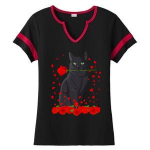 Black Cat With Red Roses Valentine's Day Design Ladies Halftime Notch Neck Tee