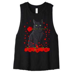 Black Cat With Red Roses Valentine's Day Design Women's Racerback Cropped Tank