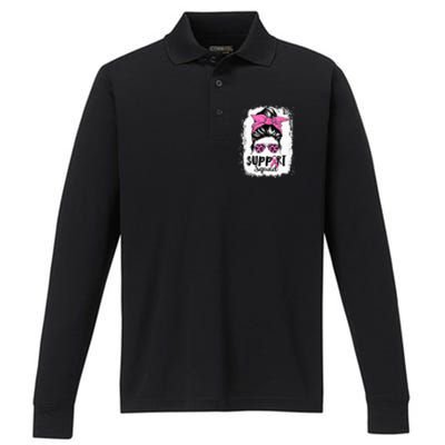 Breast Cancer Warrior Support Squad Messy Bun Pink Ribbon Performance Long Sleeve Polo