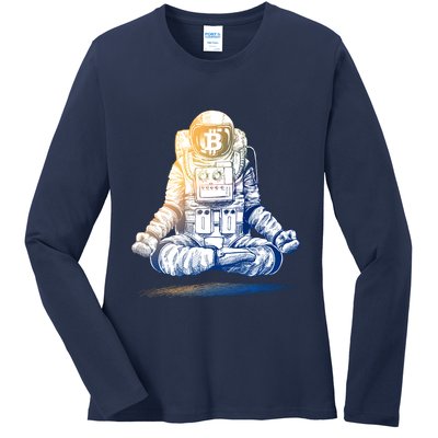 Bitcoin Cryptocurrency Yoga Astronaut Ladies Long Sleeve Shirt