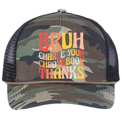 Bruh Charge Your Chromebook Thanks Funny Groovy Teacher  Retro Rope Trucker Hat Cap