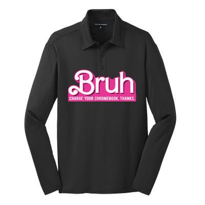 Bruh Charge Your Chromebook Thanks Pink Silk Touch Performance Long Sleeve Polo