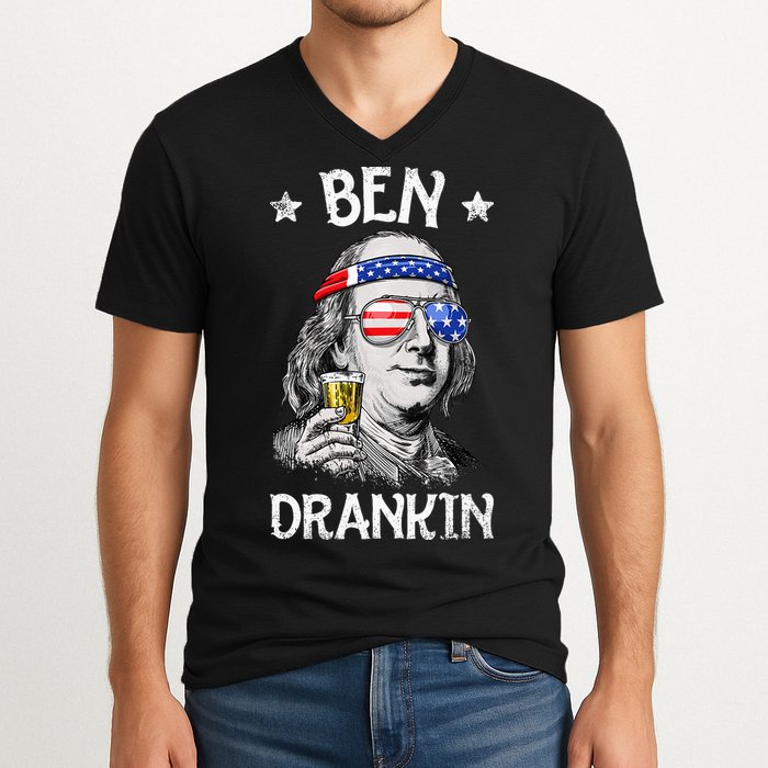 Ben Drankin 4th Of July Benjamin Franklin Usa Flag V-Neck T-Shirt