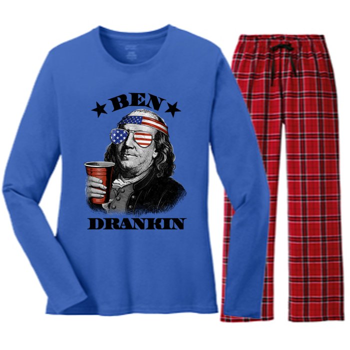 Ben Drankin 4th Of July Funny Usa Franklin Ing Gift Women's Long Sleeve Flannel Pajama Set 