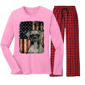 Boxer Dog 4th Of July American Flag Patriotic Women's Long Sleeve Flannel Pajama Set 