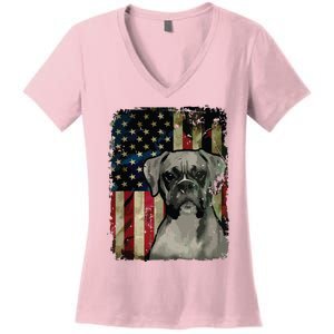 Boxer Dog 4th Of July American Flag Patriotic Women's V-Neck T-Shirt