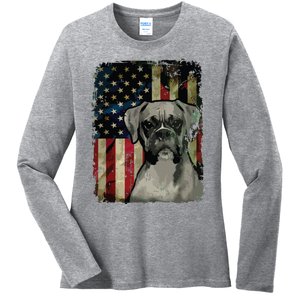 Boxer Dog 4th Of July American Flag Patriotic Ladies Long Sleeve Shirt