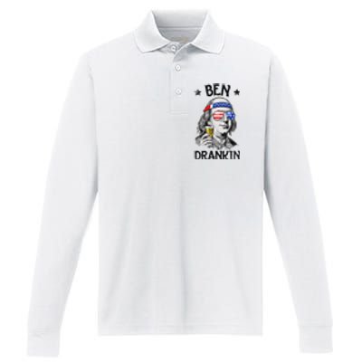 Ben Drankin 4th of July Benjamin Franklin American Flag Performance Long Sleeve Polo