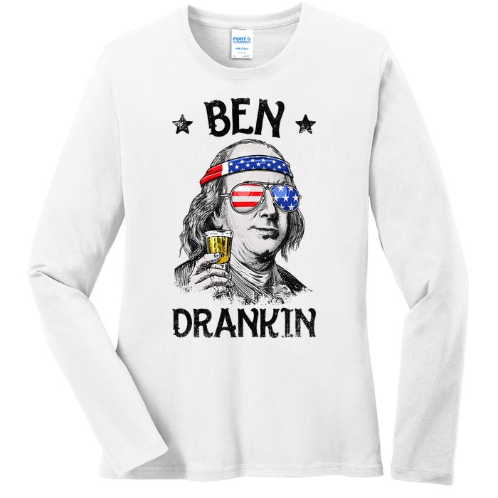 Ben Drankin 4th of July Benjamin Franklin American Flag Ladies Long Sleeve Shirt