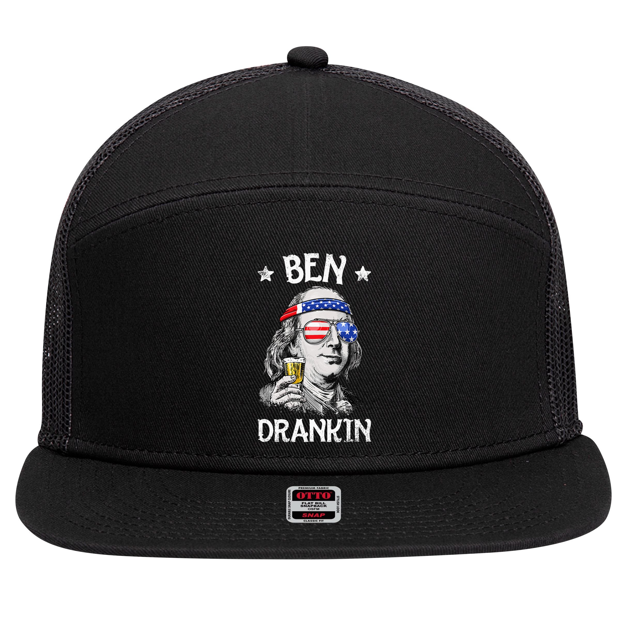 Ben Drankin 4th of July Benjamin Franklin Wo USA Flag 7 Panel Mesh Trucker Snapback Hat