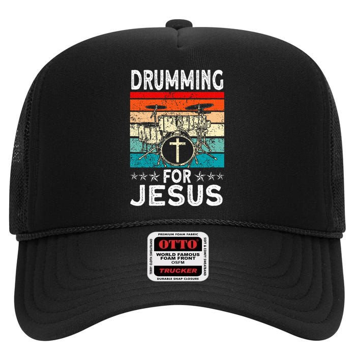 Best Drumming Art For Women Drummer Drum Drumming Jesus High Crown Mesh Back Trucker Hat