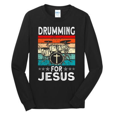 Best Drumming Art For Women Drummer Drum Drumming Jesus Tall Long Sleeve T-Shirt