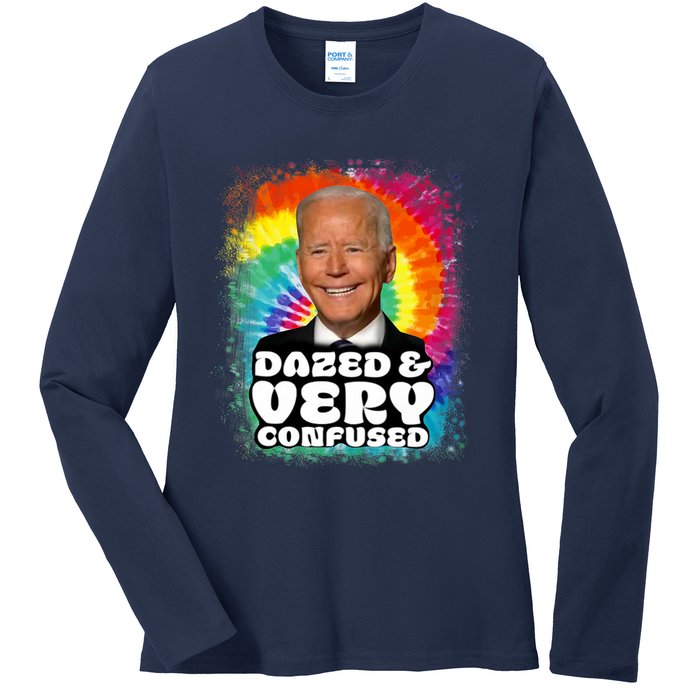 Biden Dazed And Very Confused Tiedye Funny Anti Joe Biden Ladies Long Sleeve Shirt