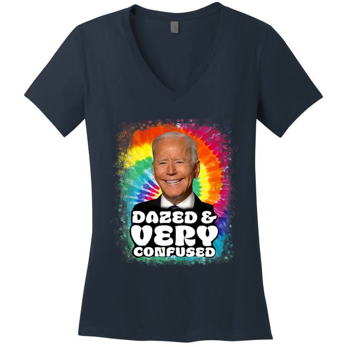 Biden Dazed And Very Confused Tiedye Funny Anti Joe Biden Women's V-Neck T-Shirt