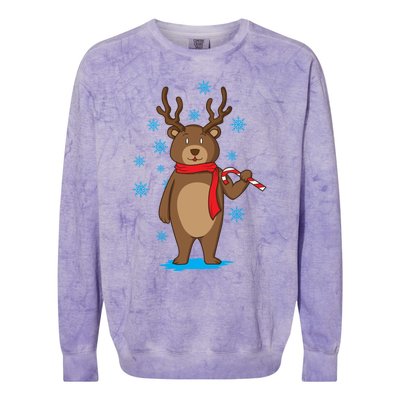 Bear Dressed As Reindeer With Candy Cane Xmas Gift Colorblast Crewneck Sweatshirt