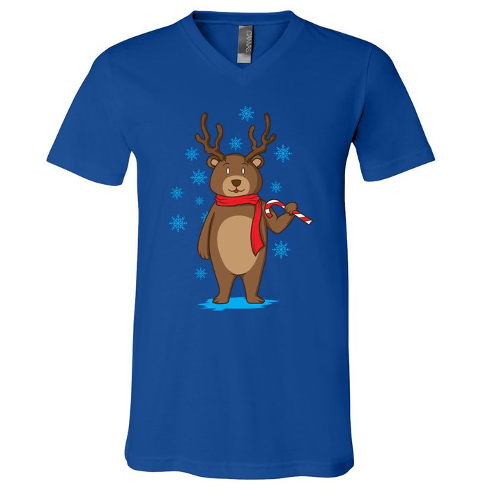 Bear Dressed As Reindeer With Candy Cane Xmas Gift V-Neck T-Shirt