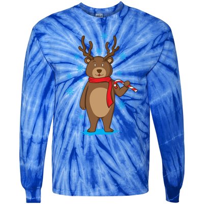 Bear Dressed As Reindeer With Candy Cane Xmas Gift Tie-Dye Long Sleeve Shirt