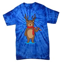 Bear Dressed As Reindeer With Candy Cane Xmas Gift Tie-Dye T-Shirt