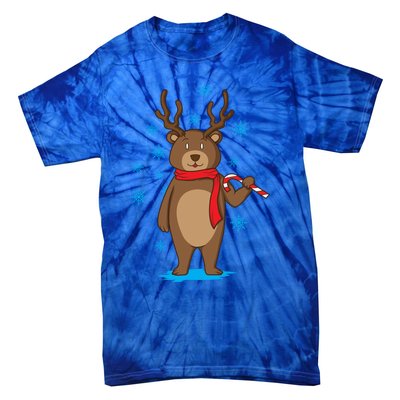 Bear Dressed As Reindeer With Candy Cane Xmas Gift Tie-Dye T-Shirt