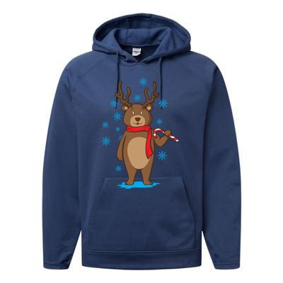 Bear Dressed As Reindeer With Candy Cane Xmas Gift Performance Fleece Hoodie